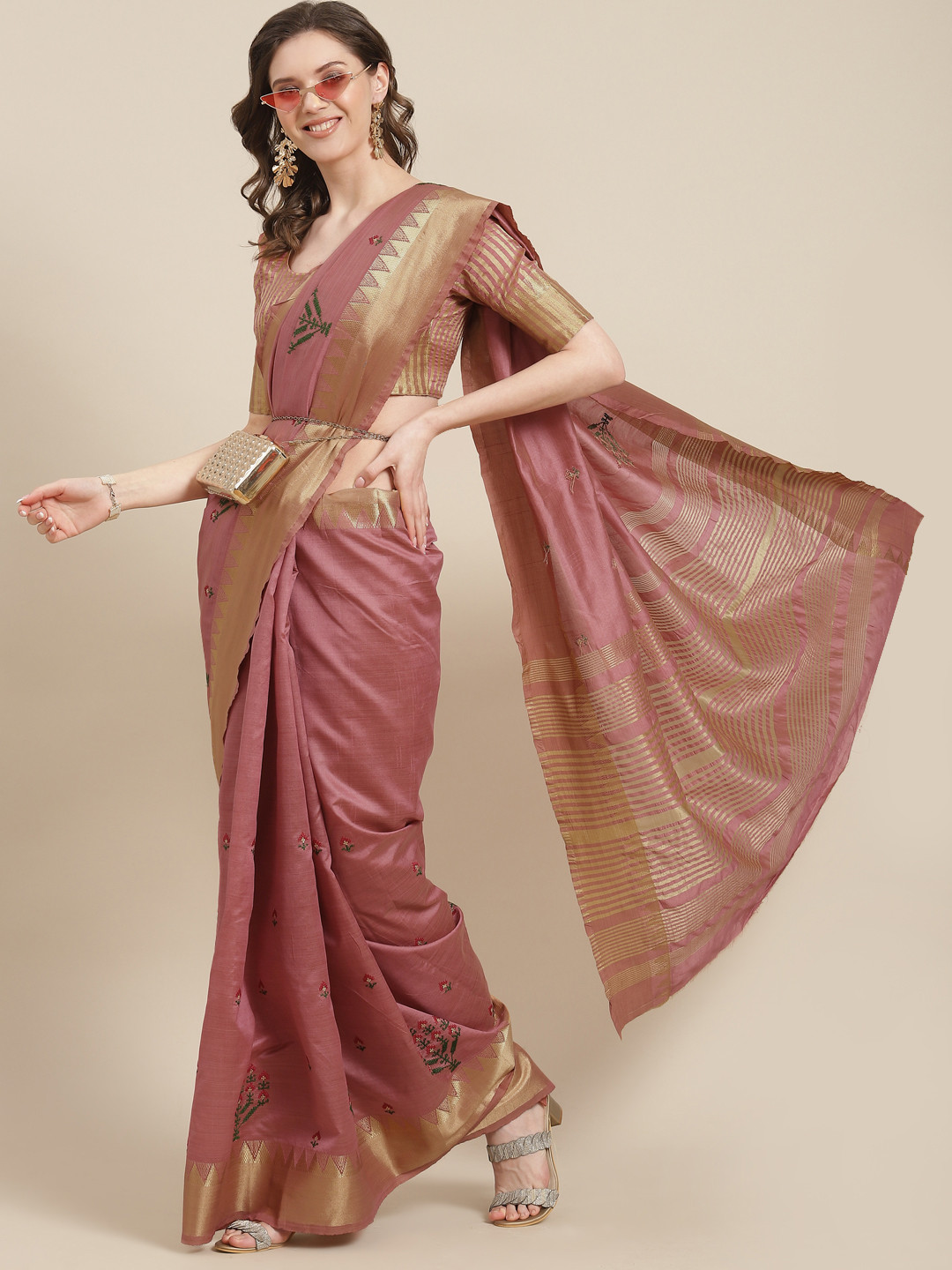 SERONA FABRICS Pink Floral Embroidered Silk Blend Saree