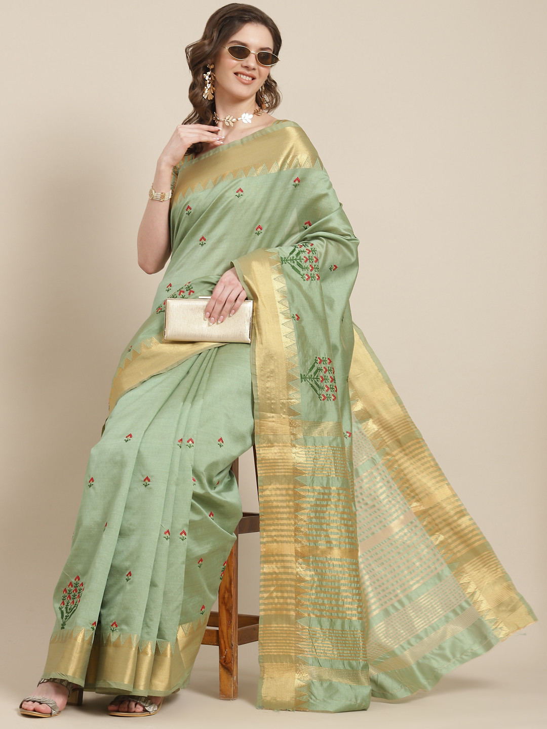 SERONA FABRICS Green Floral Embroidered Silk Blend Saree