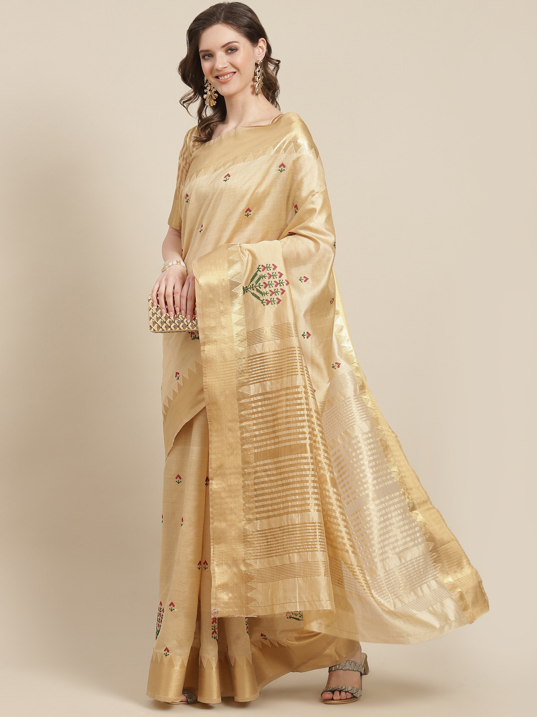 SERONA FABRICS Cream-Coloured Floral Embroidered Silk Blend Ready to Wear Saree
