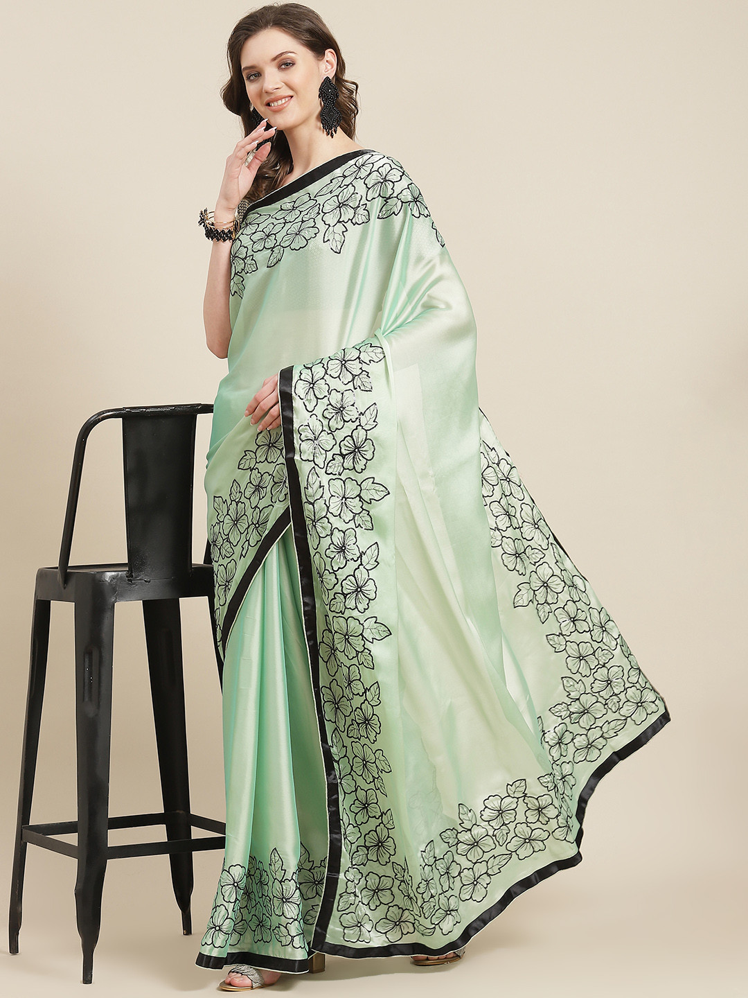 SERONA FABRICS Green Floral Sequinned Heavy Work Saree