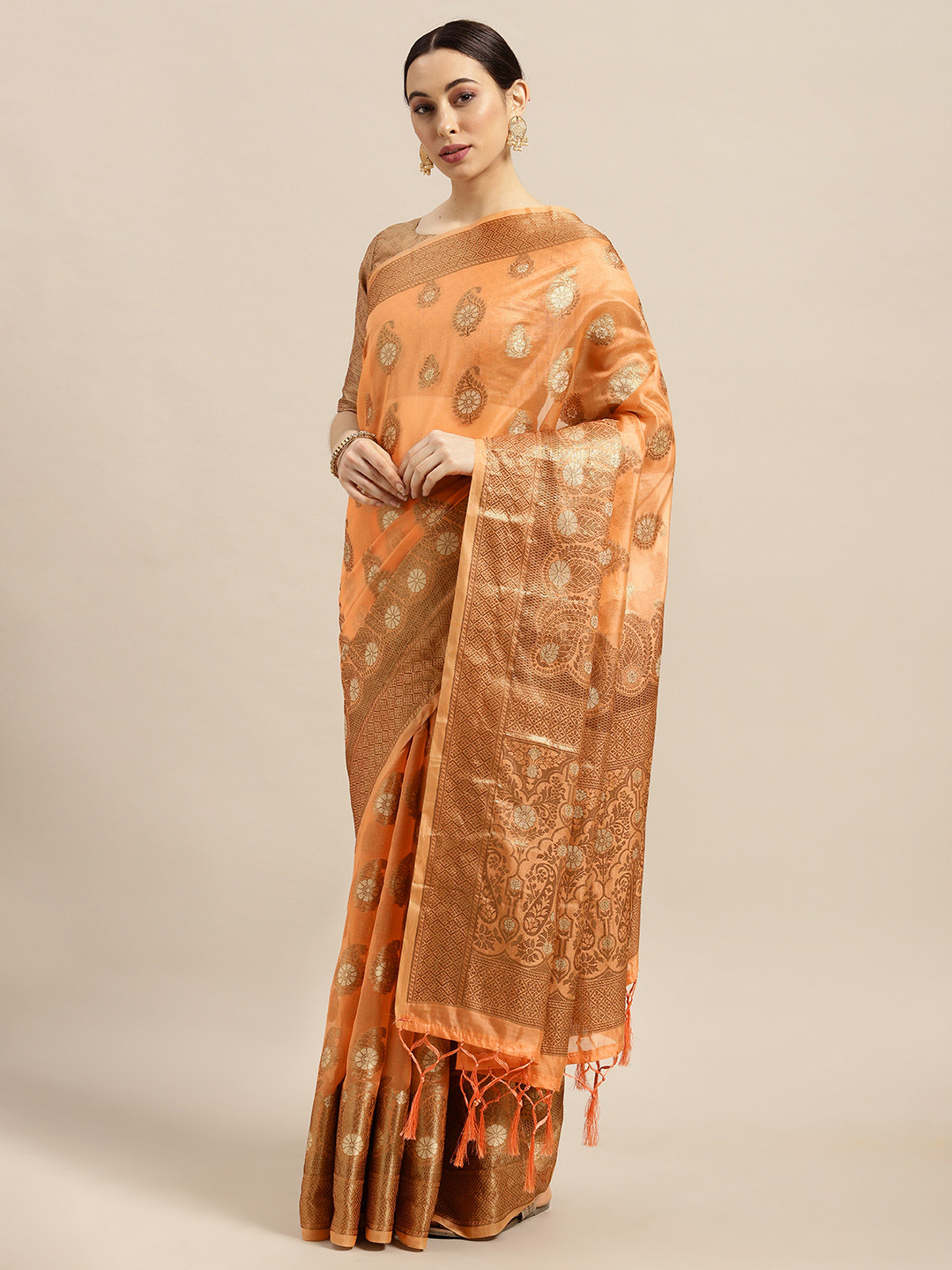 Saree mall Peach-Coloured Paisley Silk Blend Banarasi Saree