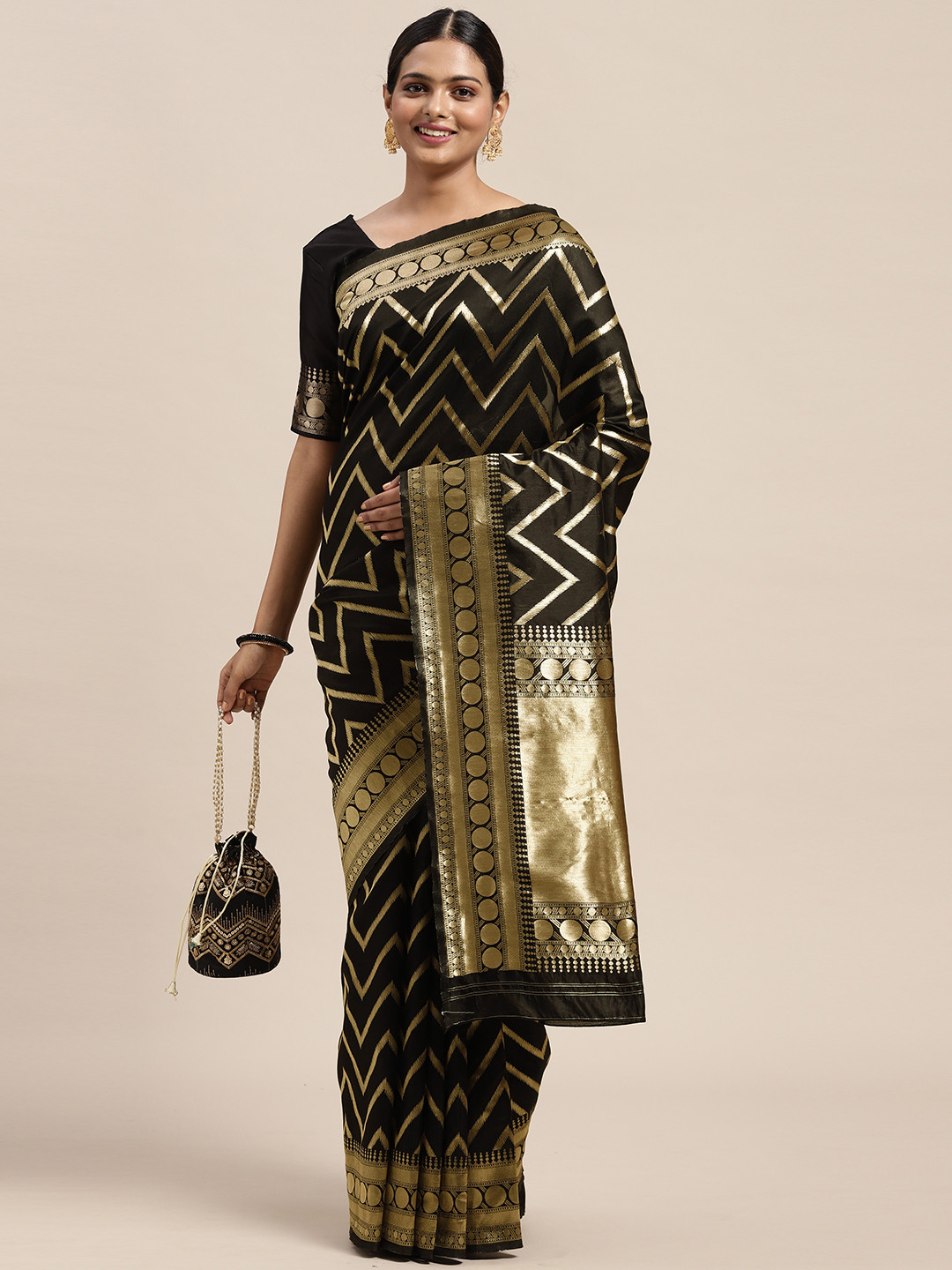Saree mall Black Chevron Striped Silk Blend Banarasi Saree