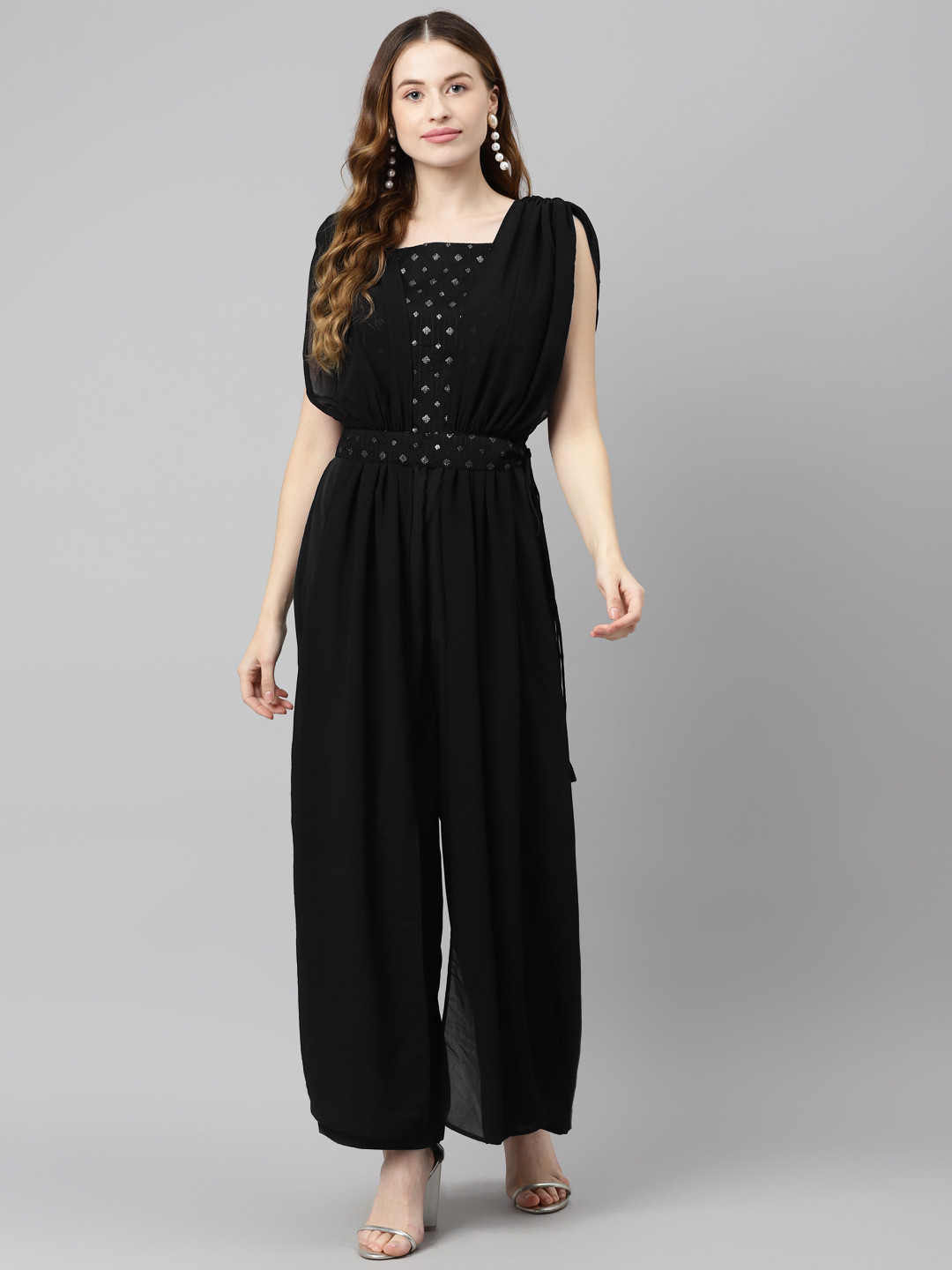 Purple State Black & Silver Yoke Print Thread Work Attached Dupatta Basic Jumpsuit & Belt