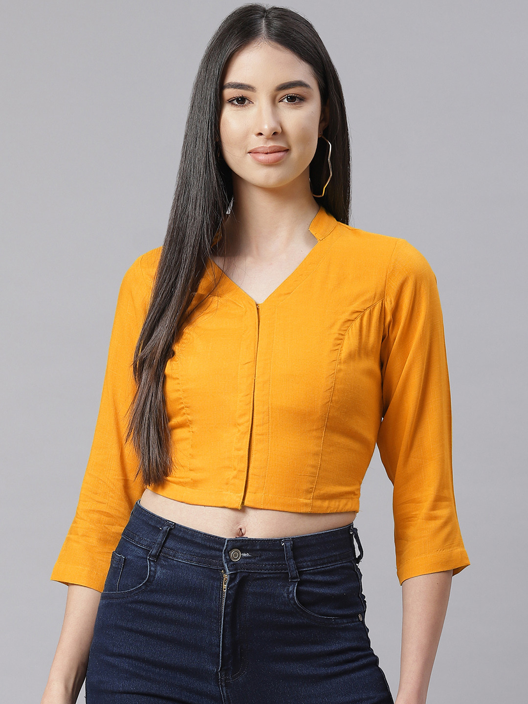 Ayaany Mustard Yellow Solid Pure Cotton Mandarin Collar Crop Top