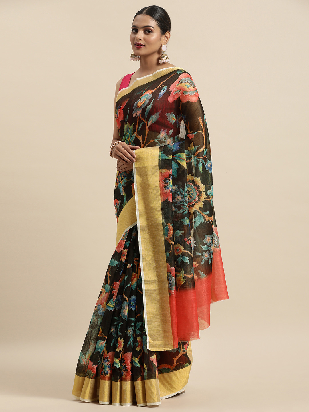 Anouk Multicoloured Floral Linen Blend Jamdani Saree
