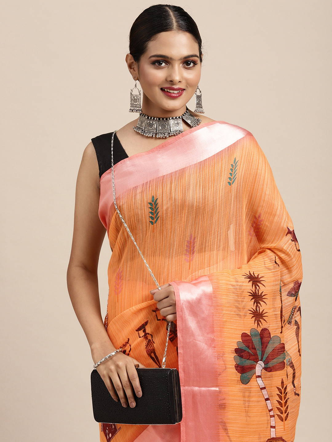 Anouk Orange & Peach-Coloured Linen Blend Taant Saree