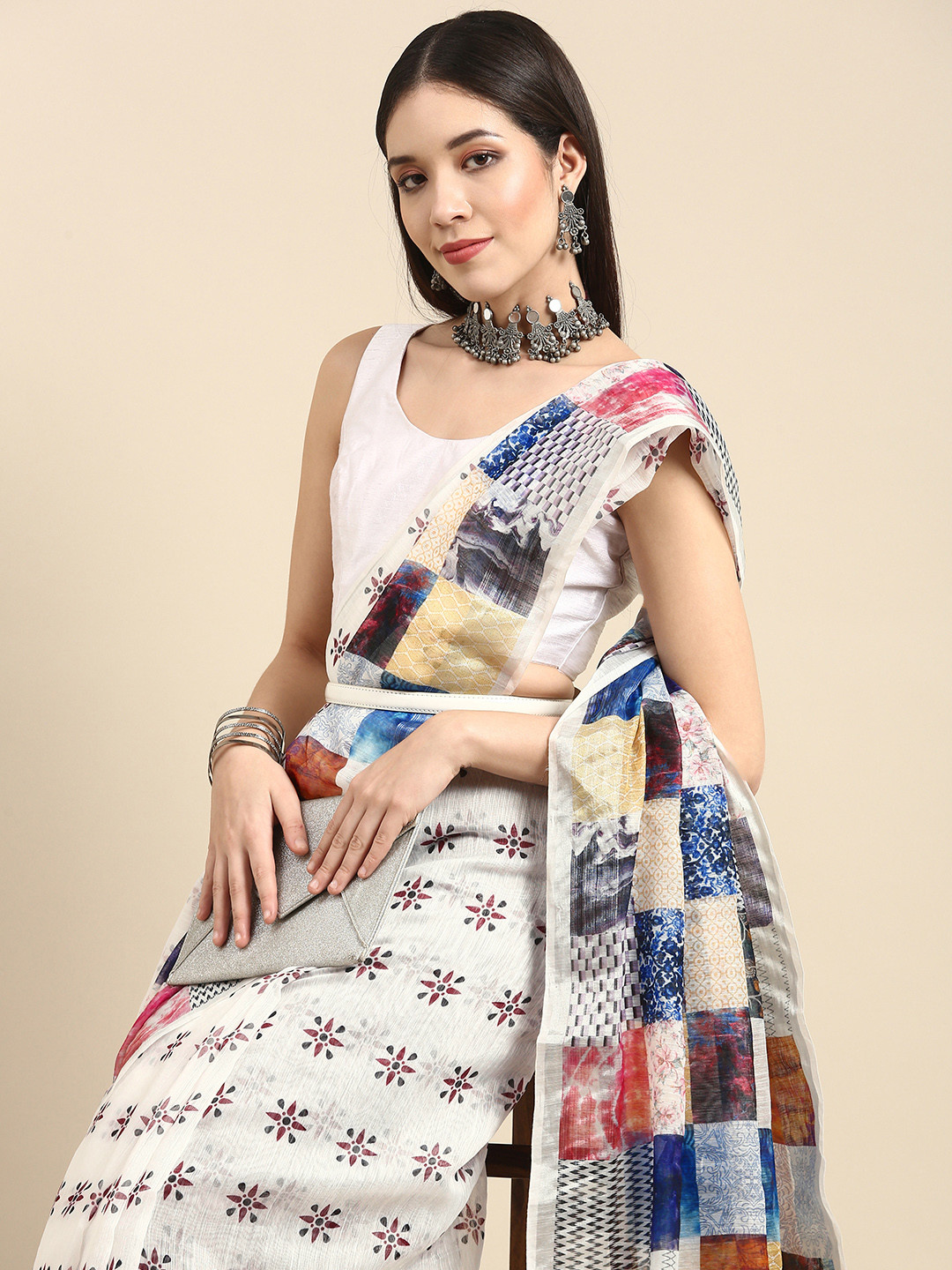 Anouk White Printed Linen Blend Saree