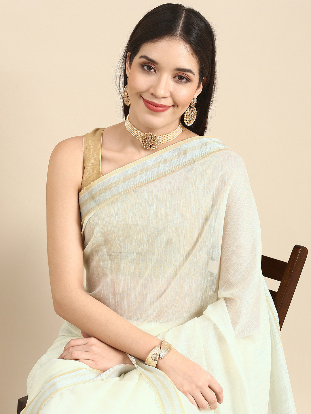 Anouk White Printed Linen Blend Saree