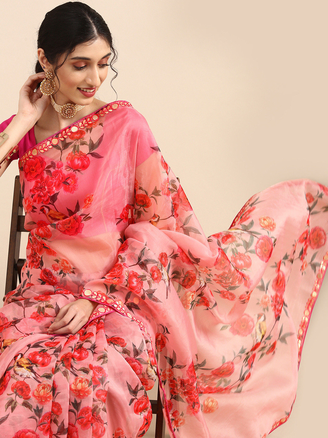Anouk Pink Floral Printed Organza Saree