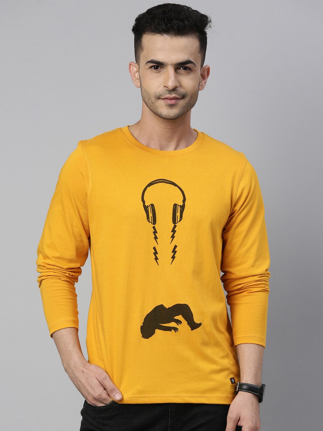 Bushirt Men Mustard Yellow Head Phone Printed T-shirt