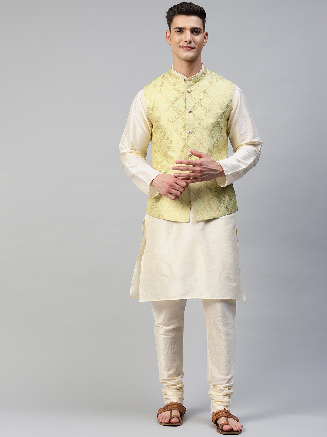 MANQ Men Cream-Coloured Kurta with Churidar & Woven Design Nehru Jacket