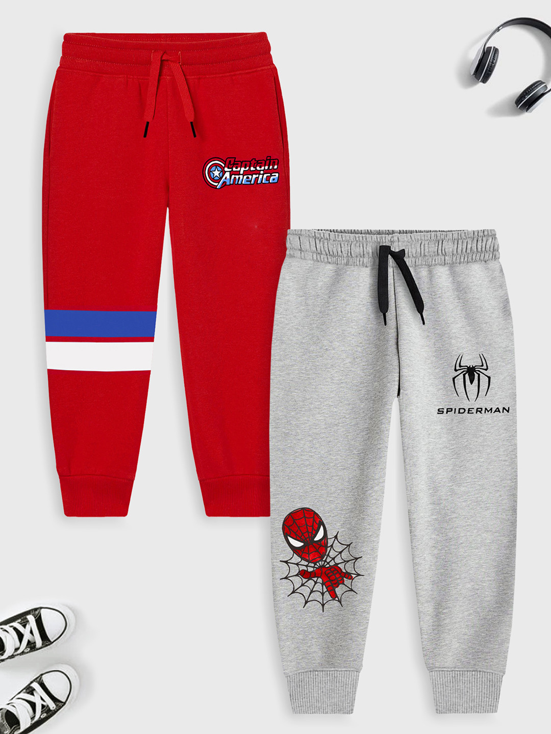 YK Marvel Boys Red & Grey Pack of 2 Marvel Print Cotton Track Pants
