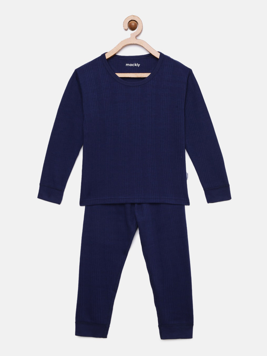mackly Kids Navy Blue Striped Ribbed Thermal Set