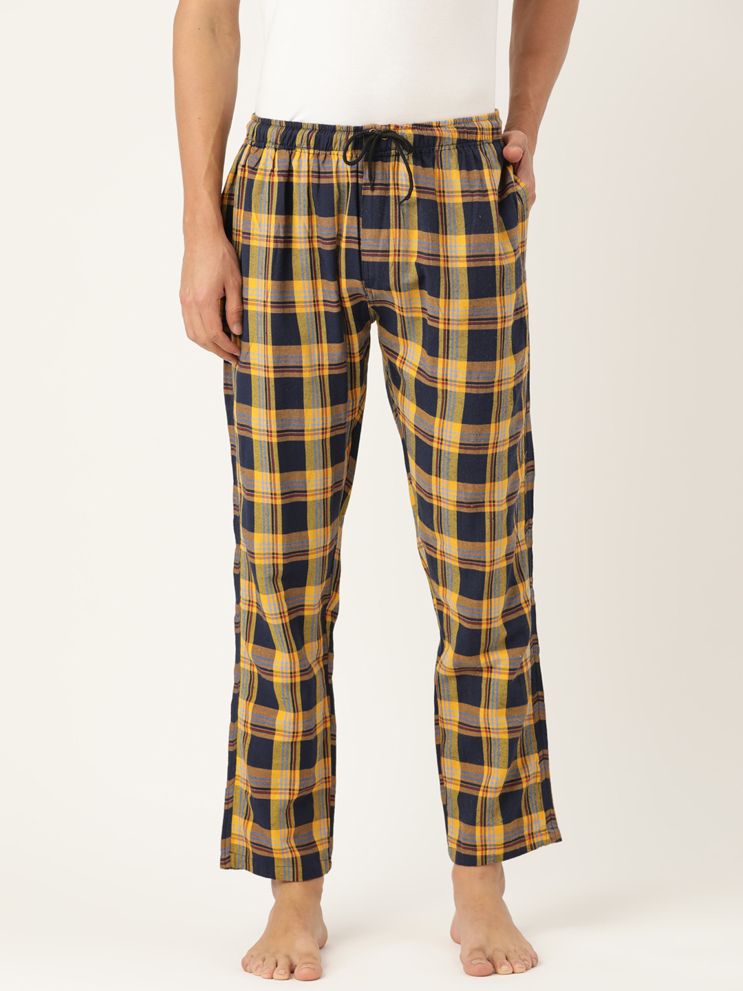JAINISH Men Yellow & Navy Blue Checked Cotton Lounge Pants