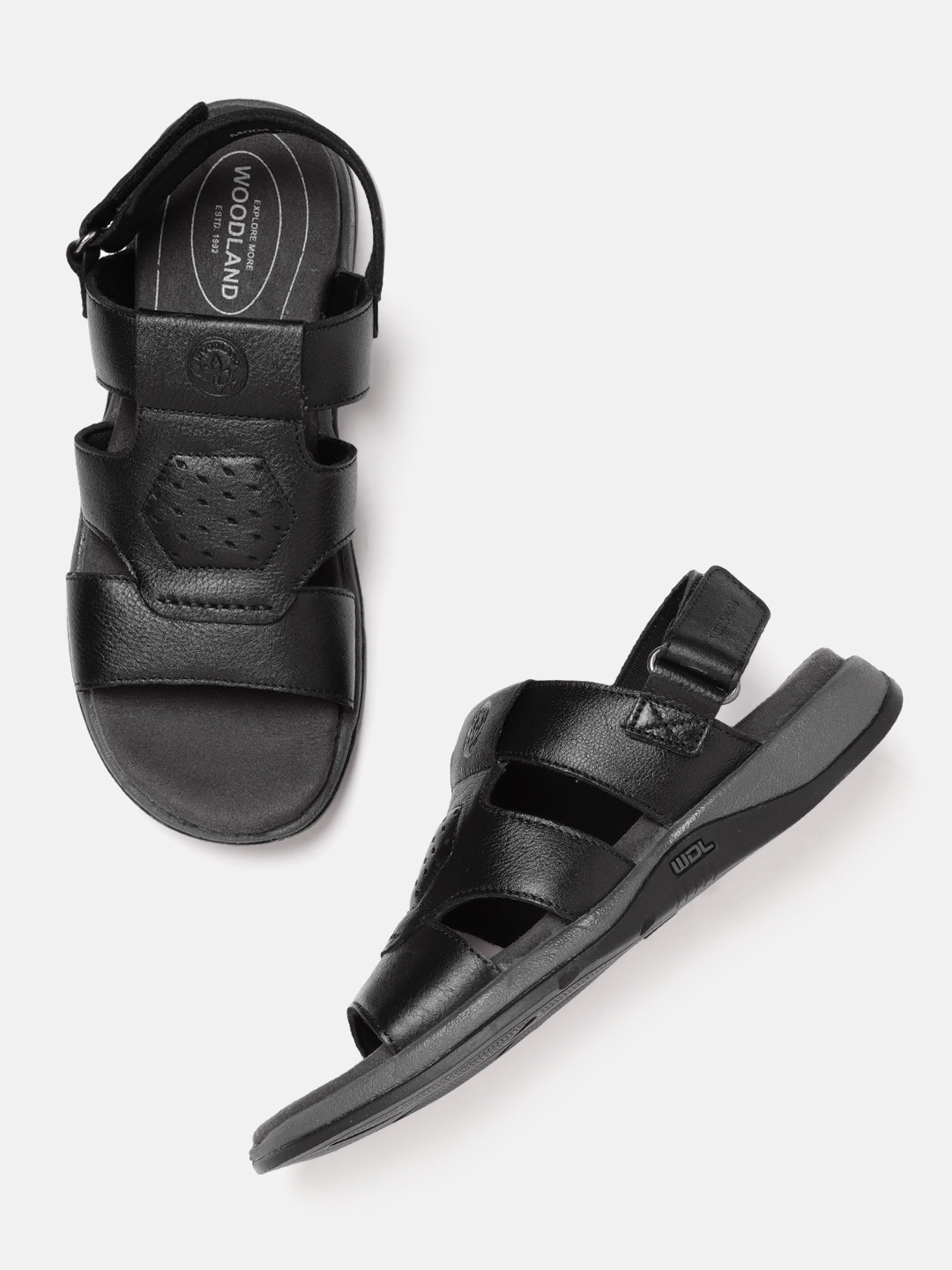 Woodland Men Black Leather Comfort Sandals with Laser Cut Detail