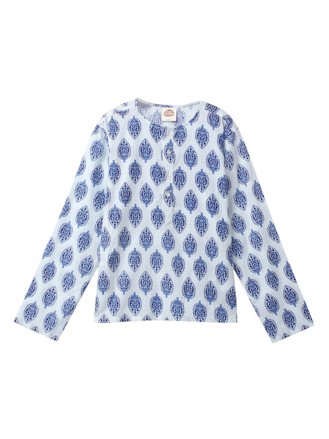 Cub McPaws Boys Blue & White Ethnic Motifs Printed Cotton Short Kurta