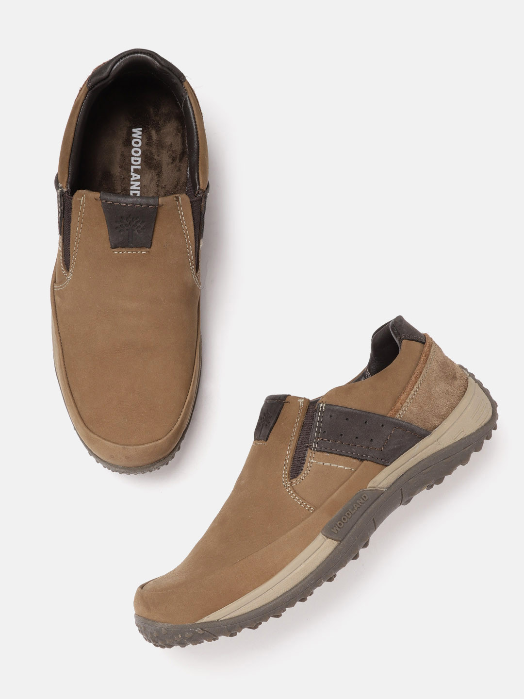 Woodland Men Brown Solid Leather Driving Shoes with Striped Perforated Detail