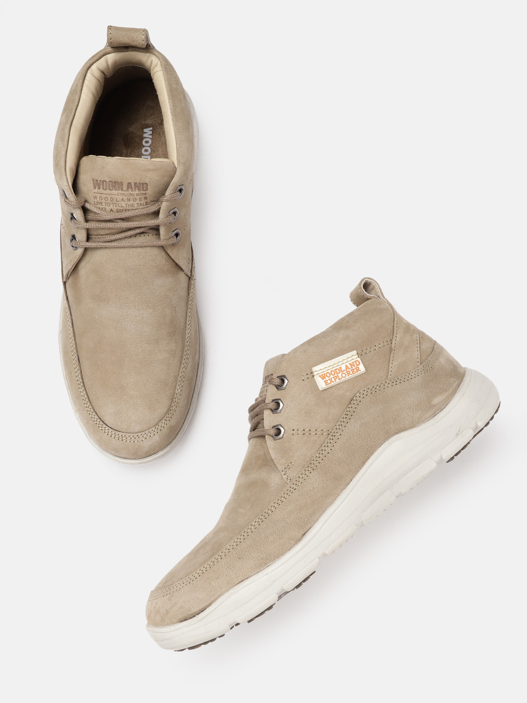 Woodland Men Beige Solid Leather Mid-Top Derbys
