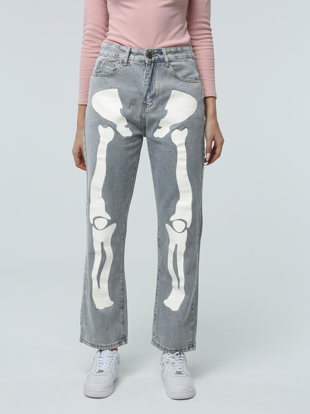 URBANIC Women Blue Cotton Light Fade Positioning Printing Straight Leg Jeans