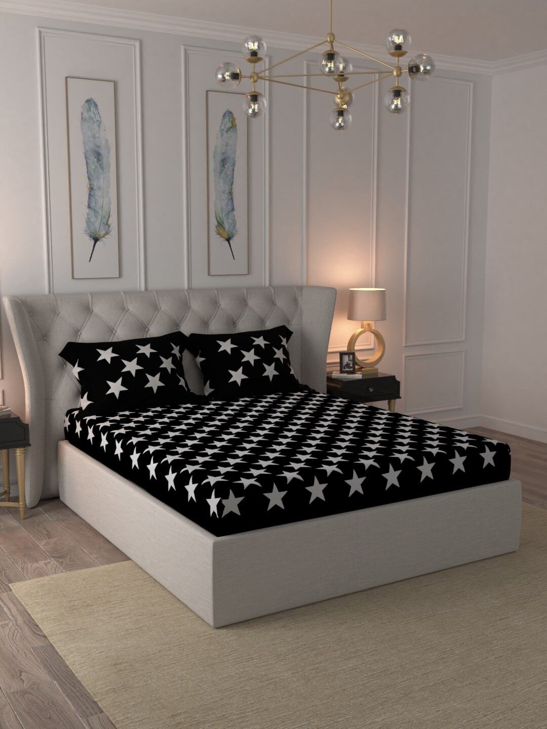 JAIPUR FABRIC Shinning Stars On Night Black Conversational Cotton Skin-Friendly 220 TC Queen Fine Bedsheet with 2 Pillow Covers-100 x 108 inches