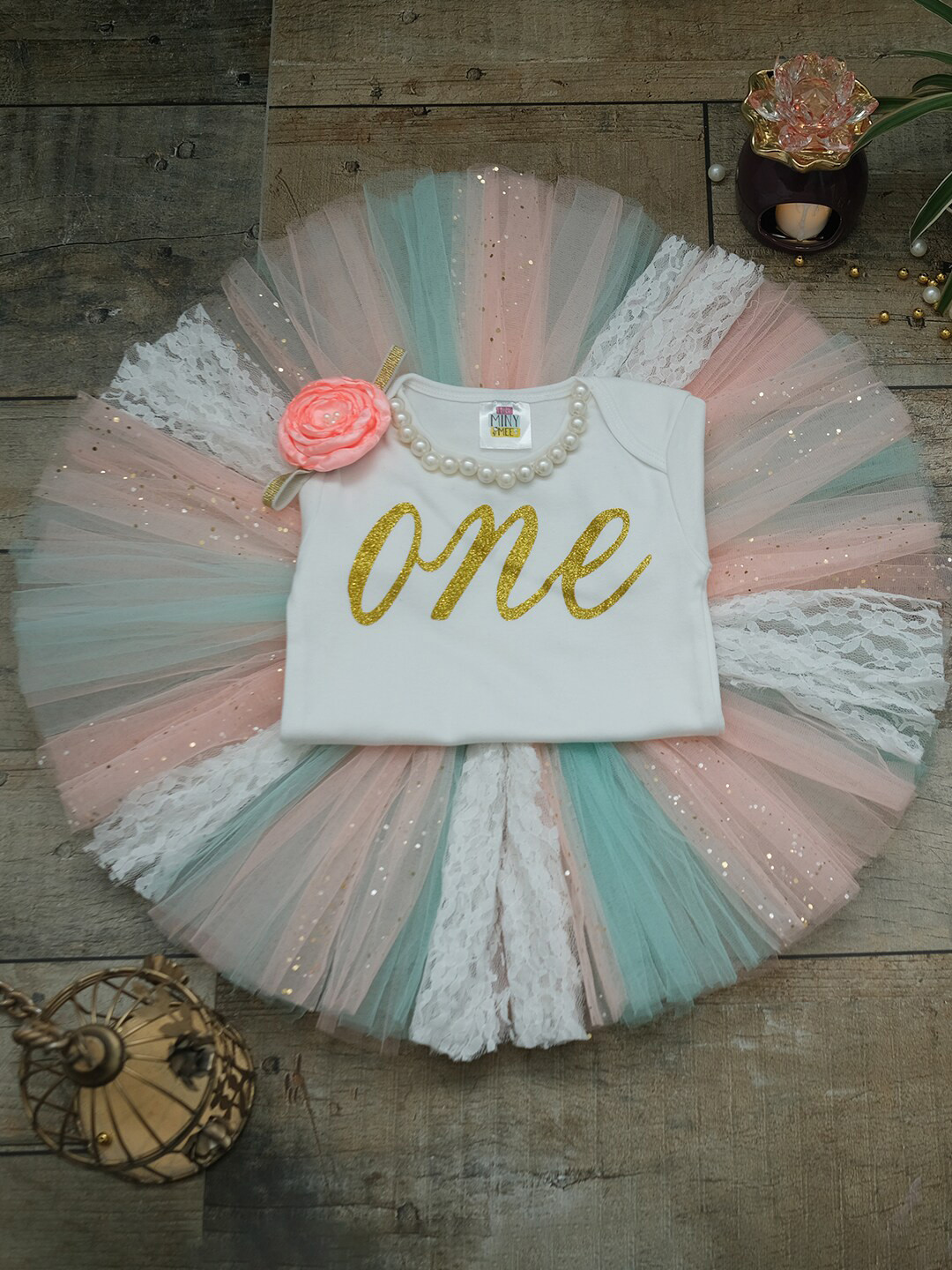 TINY MINY ME Girls Peach-Coloured & White Printed T-shirt with Skirt