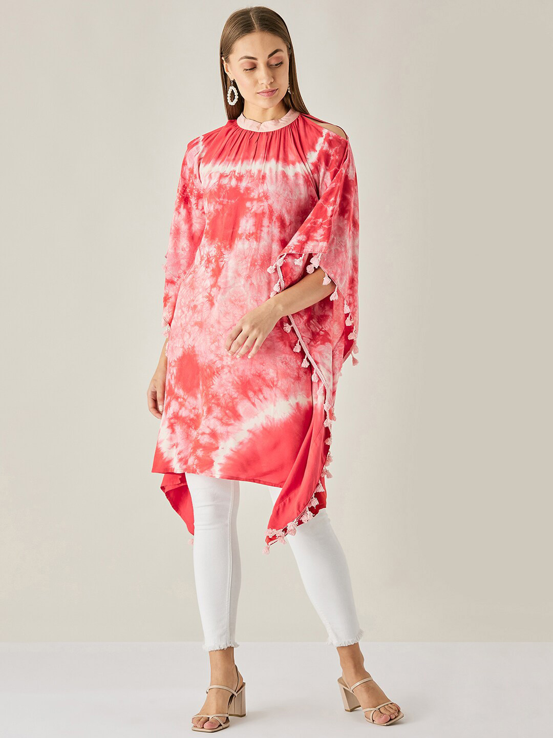 The Kaftan Company Red & White Tie & Dye Viscose Rayon Kaftan  Tunic