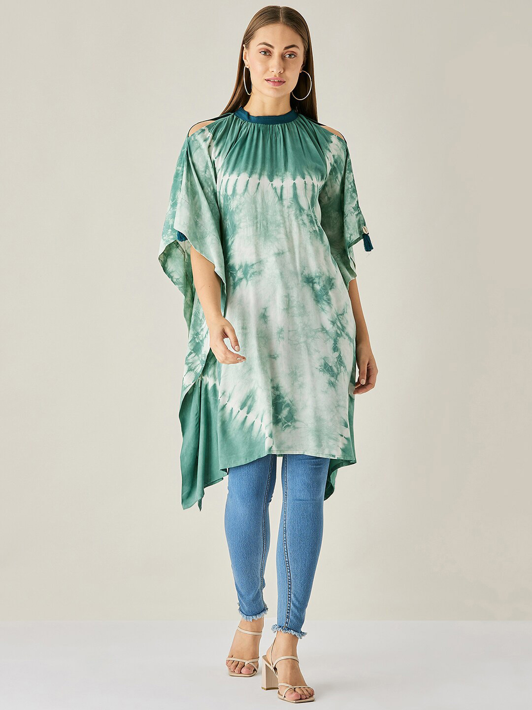 The Kaftan Company Green Halter Neck Tie & Die Printed Tunic