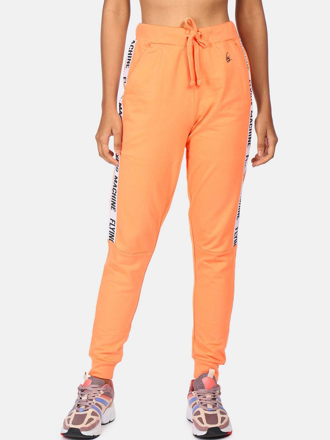Flying Machine Women Orange Solid Pure Cotton Joggers