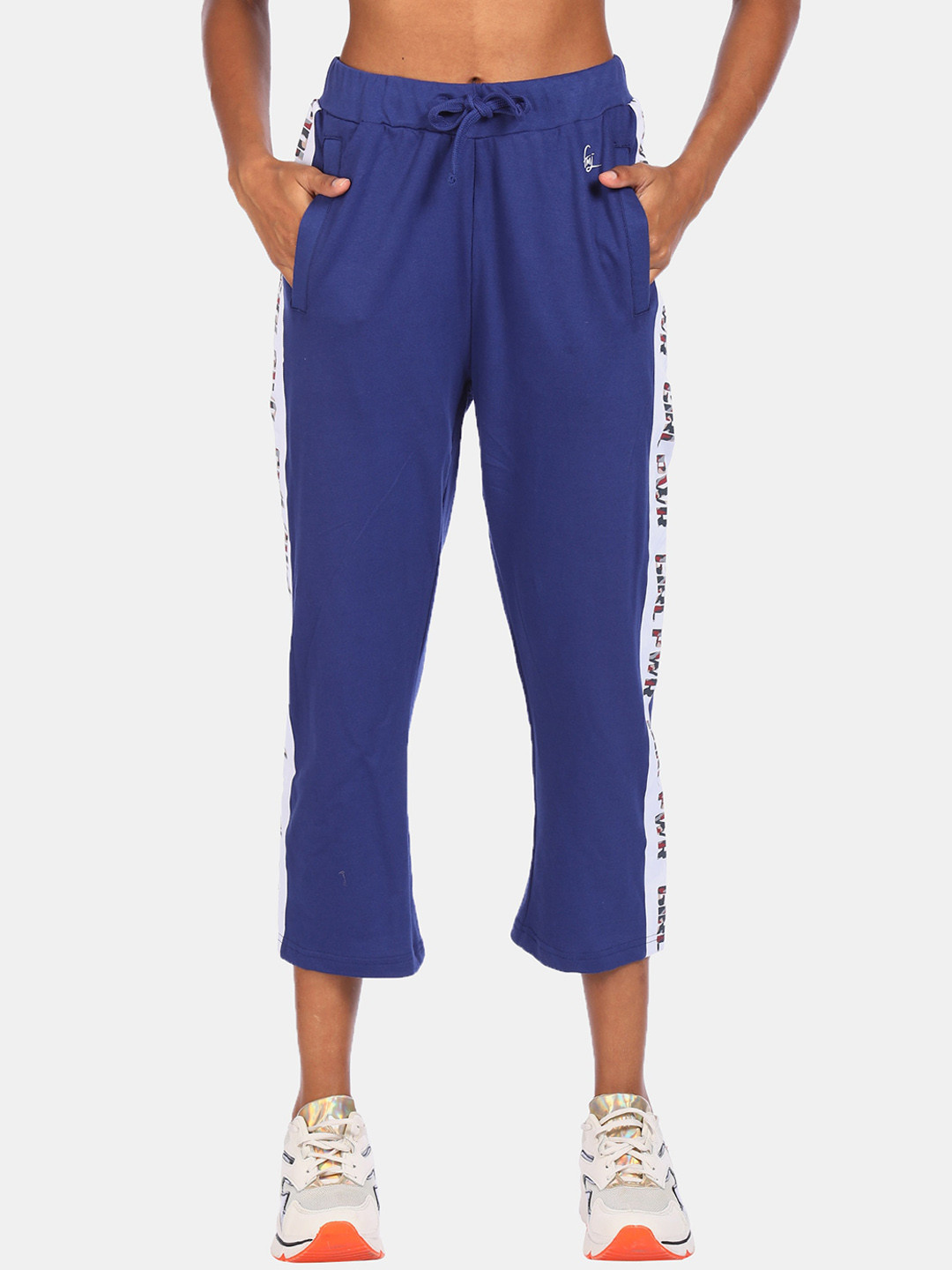 Flying Machine Women Blue & White Solid Pure Cotton Straight-Fit Track Pants