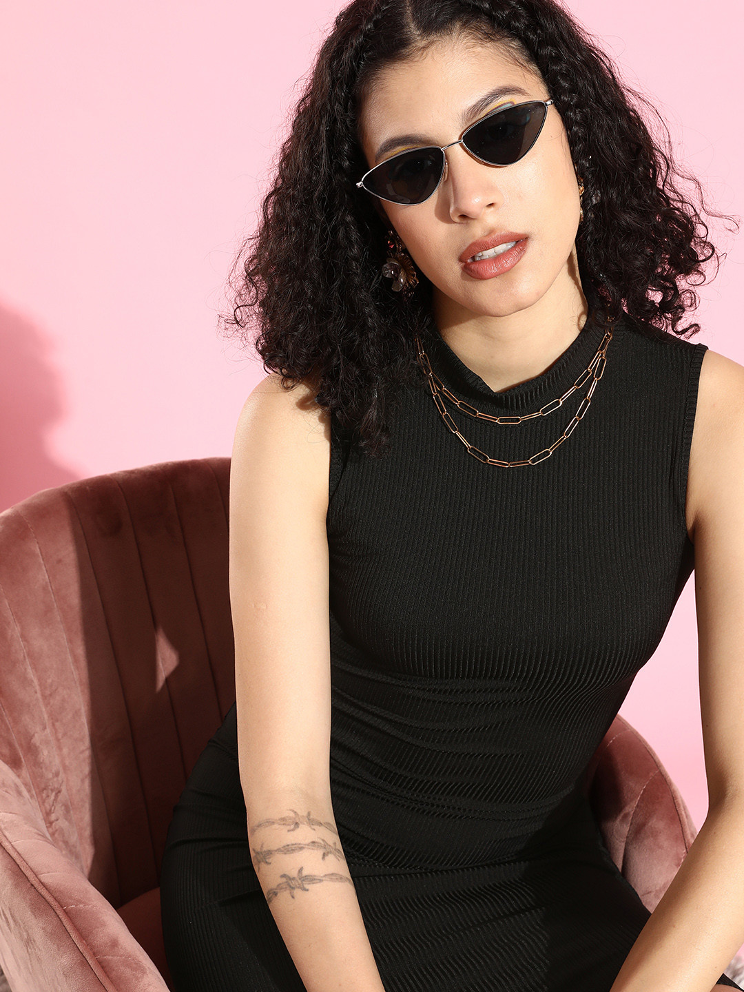 CHIC BY TOKYO TALKIES Women Stylish Black Solid Knitted Dress