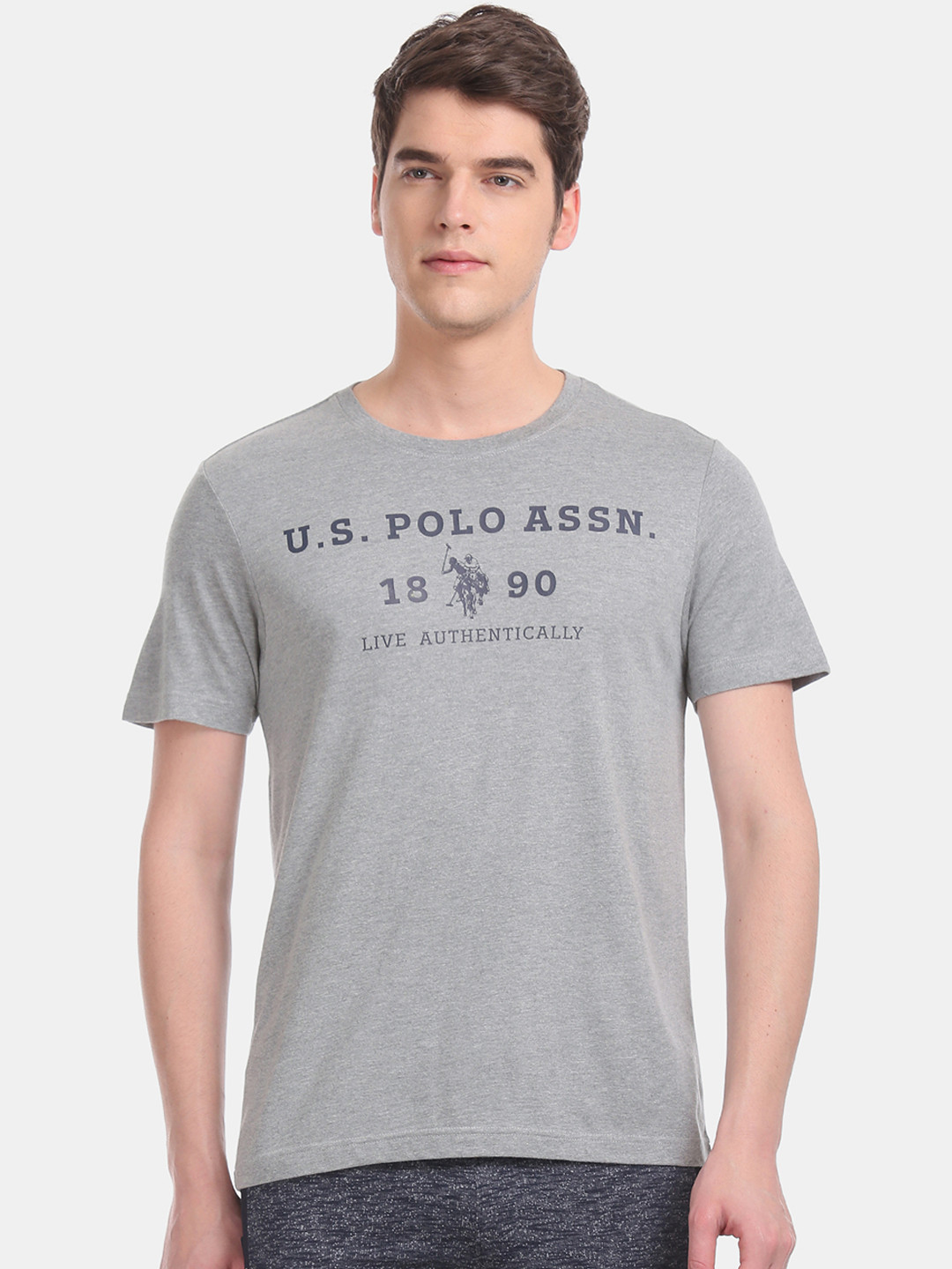 U.S. Polo Assn. Men Grey Melange Brand Logo Lounge T-shirt