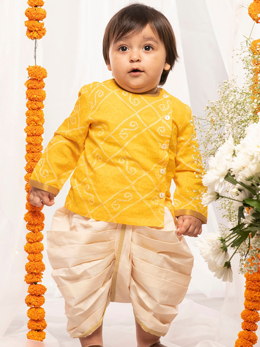 Tiber Taber Boys Yellow & Cream-Coloured Printed Pure Cotton Kurta with Dhoti Pants