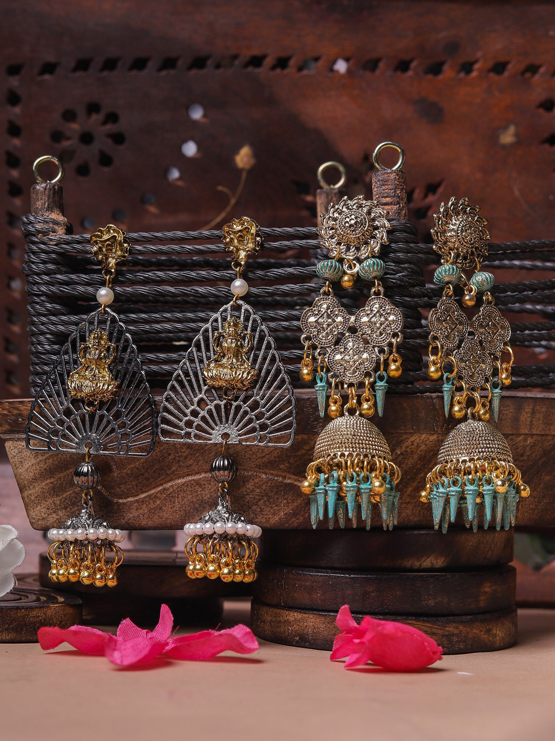 DIVA WALK Black Set of 2 Black & Silver-Plated Jhumkas Earrings