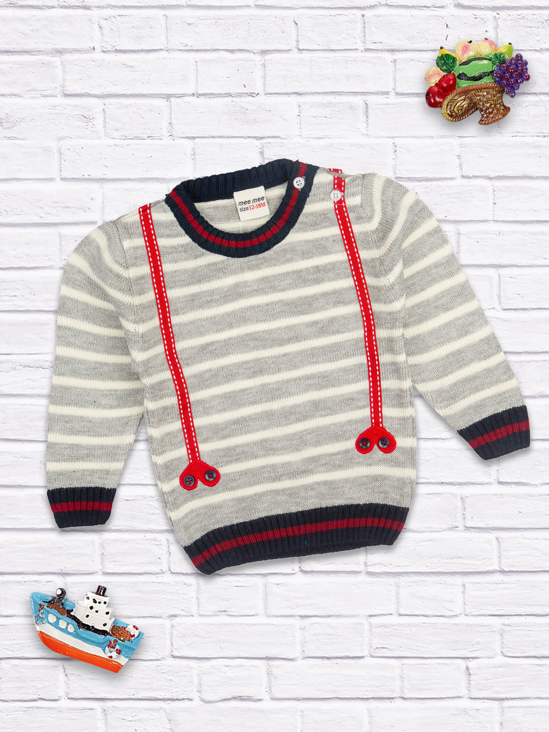 MeeMee Boys Grey & Off-White Striped Woolen Pullover Sweater