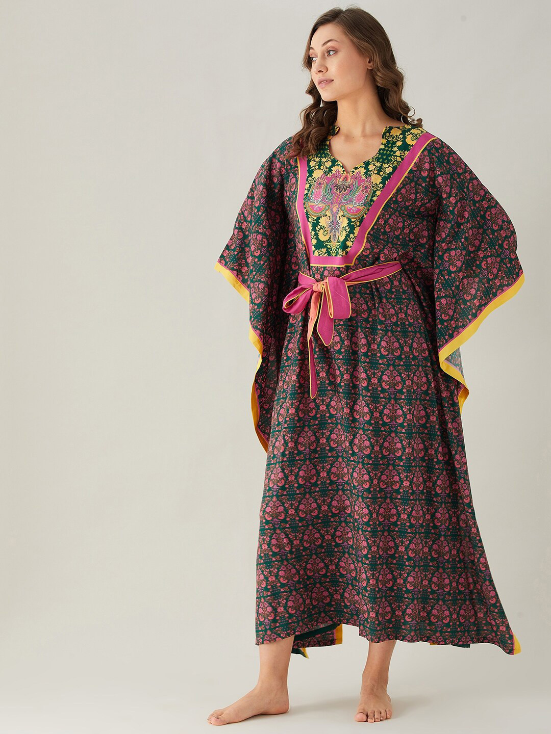 The Kaftan Company Green Printed Maxi Kaftan Nightdress