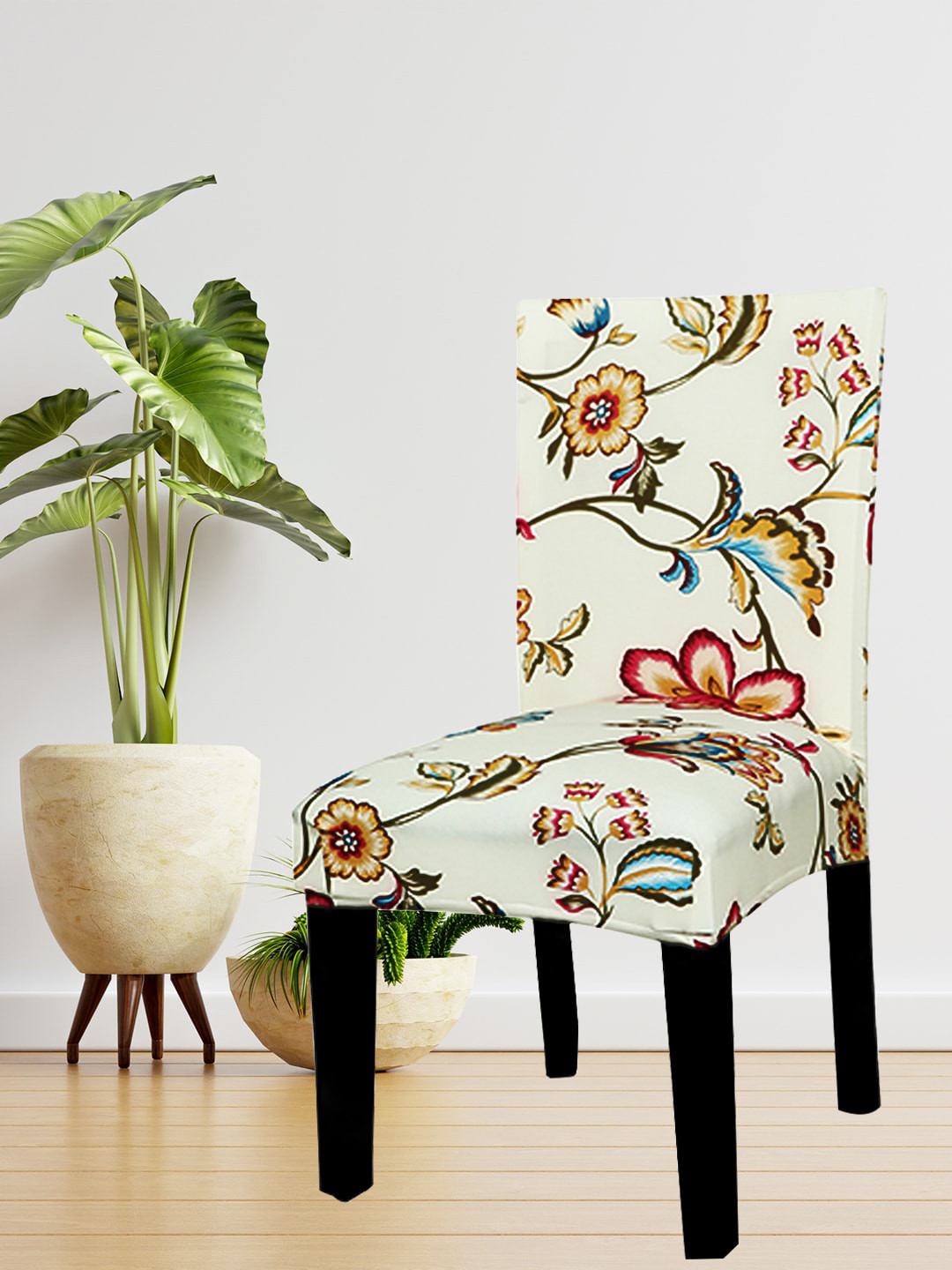 HOUSE OF QUIRK Beige & Yellow Printed Stretch Removable Chair Cover