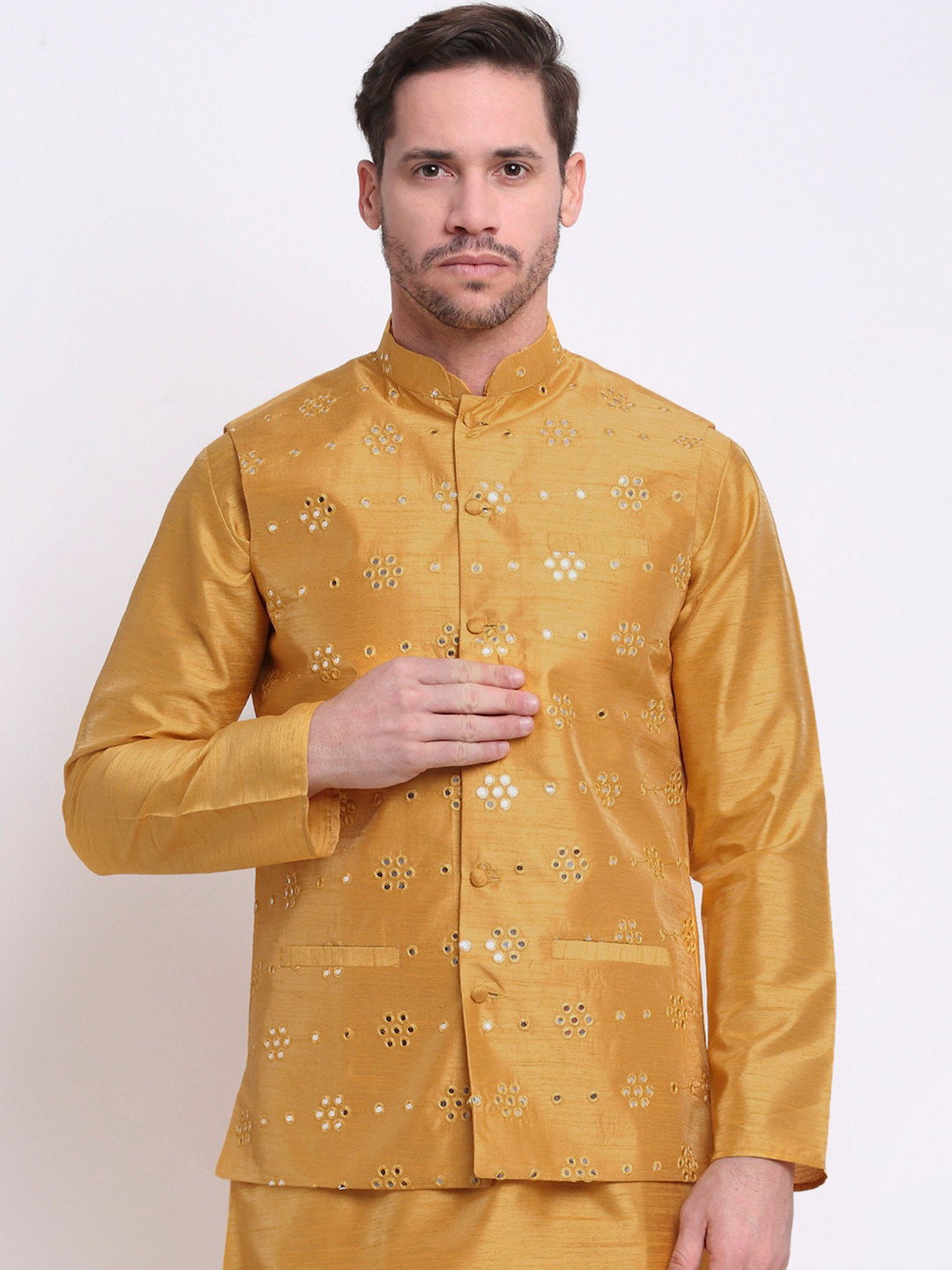 KRAFT INDIA Men Gold Silk Mirror Work Nehru Jacket