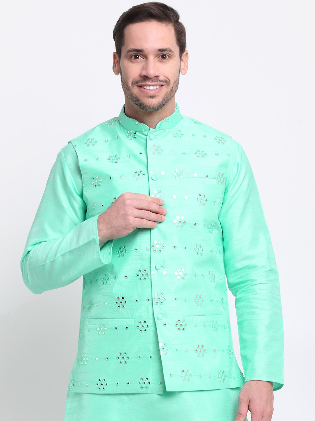 KRAFT INDIA Men Sea Green Silk Mirror Work Jacket