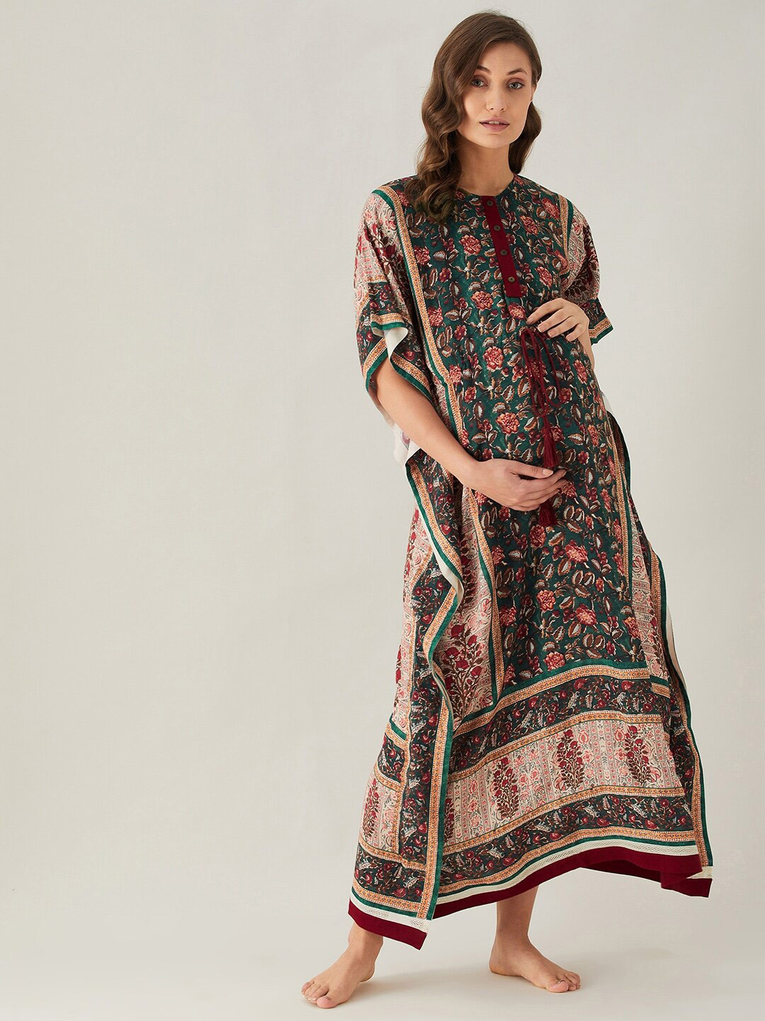 The Kaftan Company Green Printed Maternity & Feeding Maxi Kaftan Nightdress