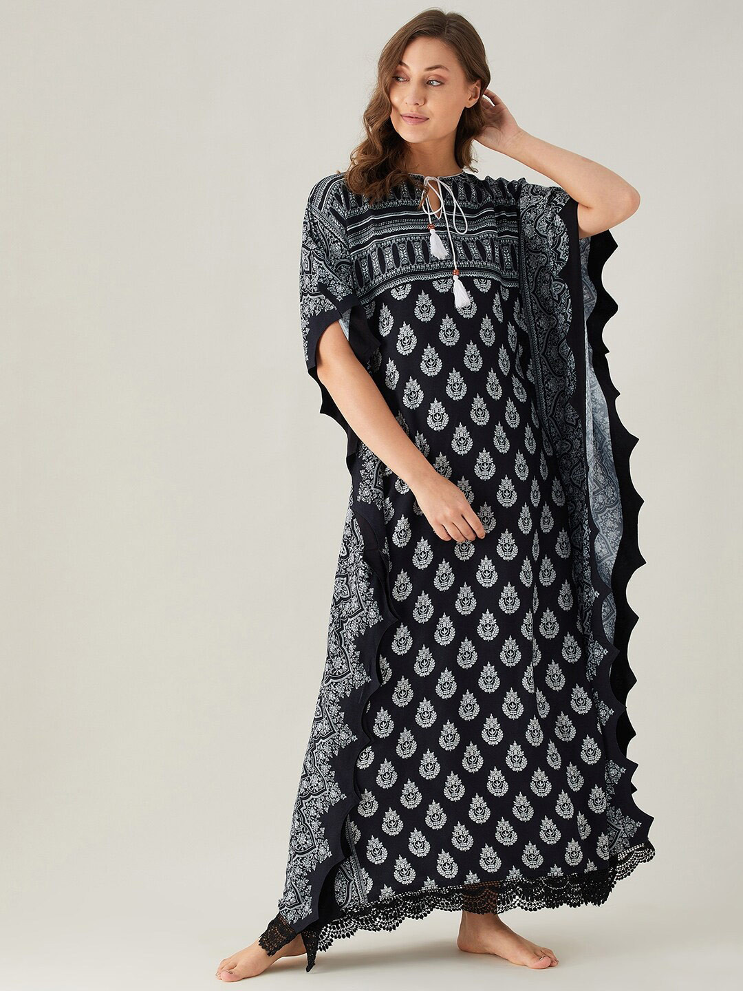 The Kaftan Company Black Printed Maxi Nightdress