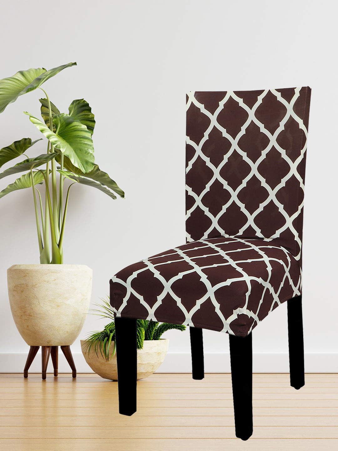 HOUSE OF QUIRK Set Of 4 Brown & White Printed Elastic Stretch Removable Chair Covers