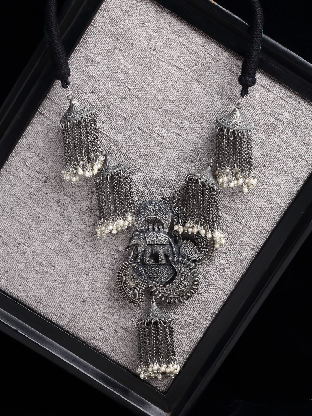 PANASH Silver-Toned & Grey Pearls German Silver Oxidised Necklace