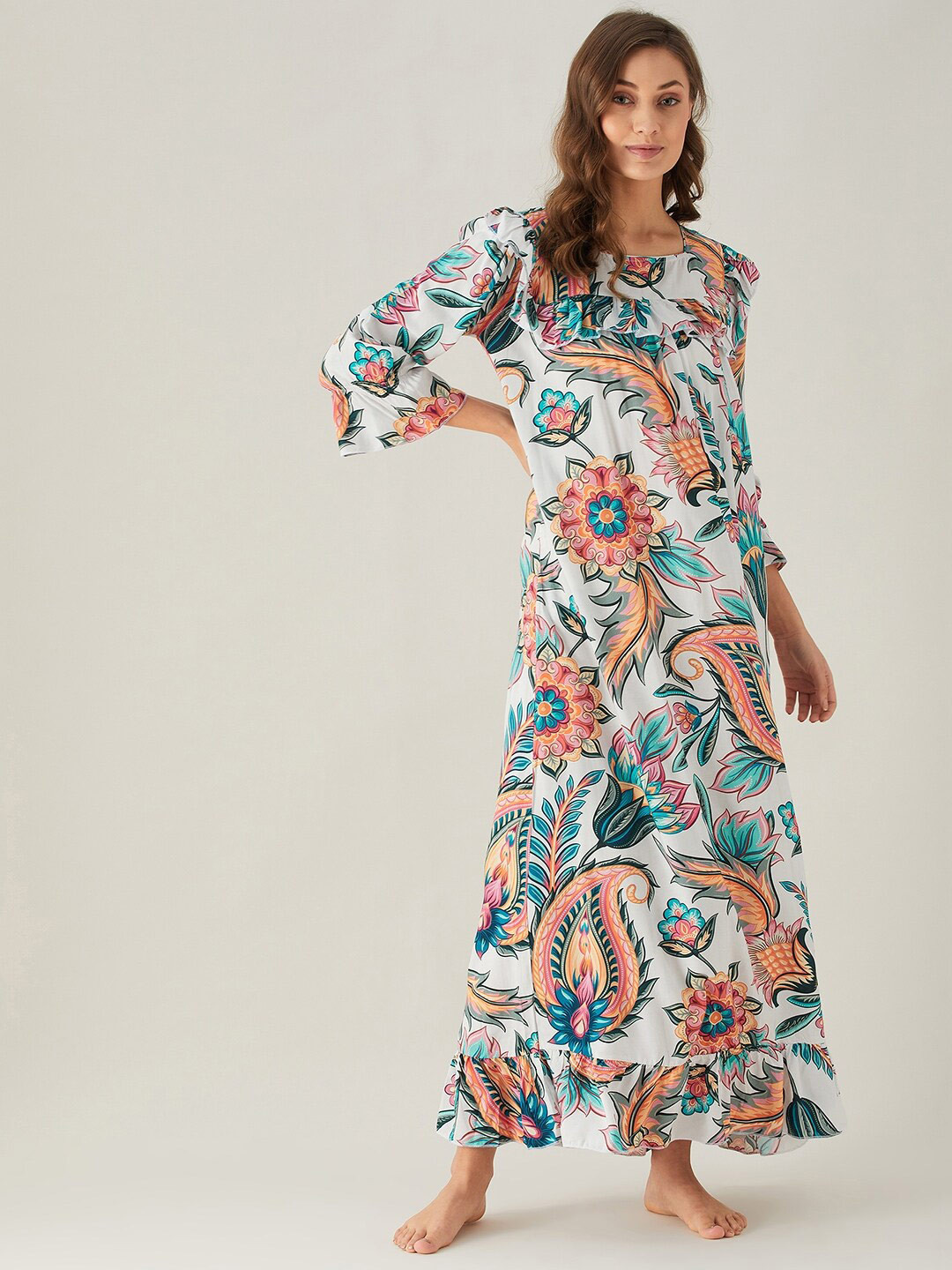 The Kaftan Company White Printed Maxi Nightdress