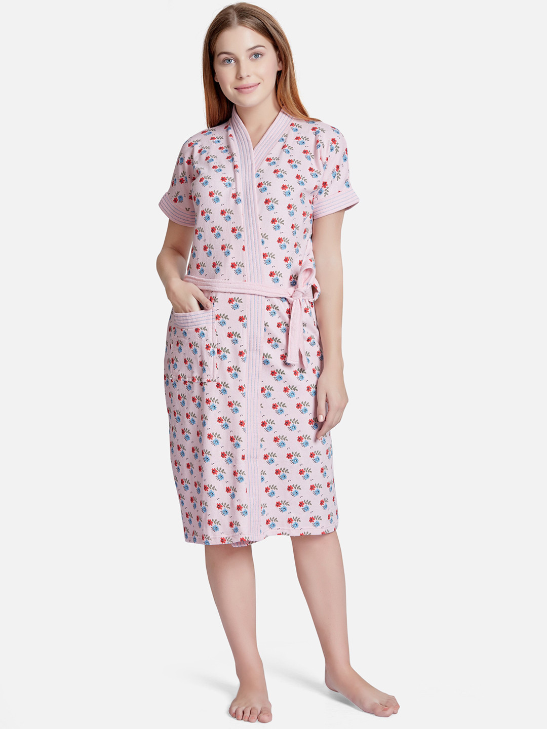 Sand Dune Pink Floral Cotton Drawstring Knee Length Bath Robe