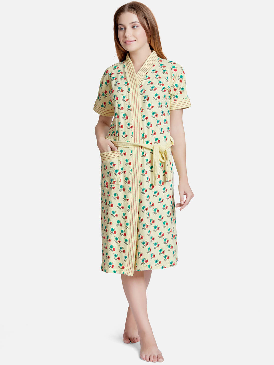 Sand Dune Yellow Floral Cotton Drawstring Knee Length Bath Robe