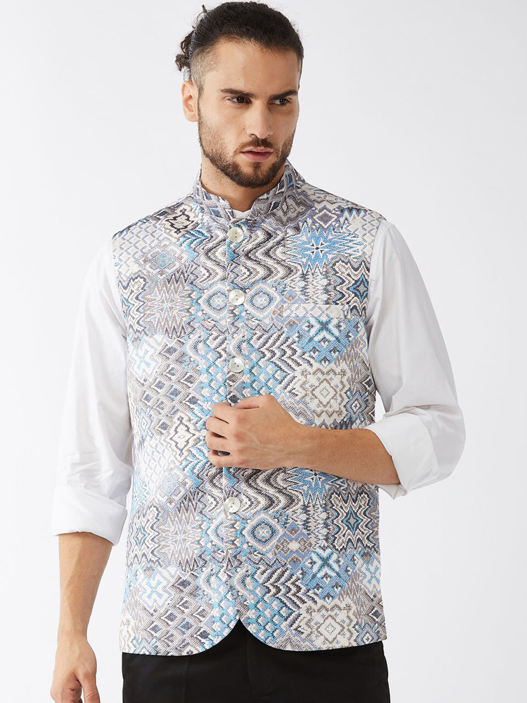VASTRAMAY Men White & Blue Printed Satin Slim-Fit Nehru Jacket