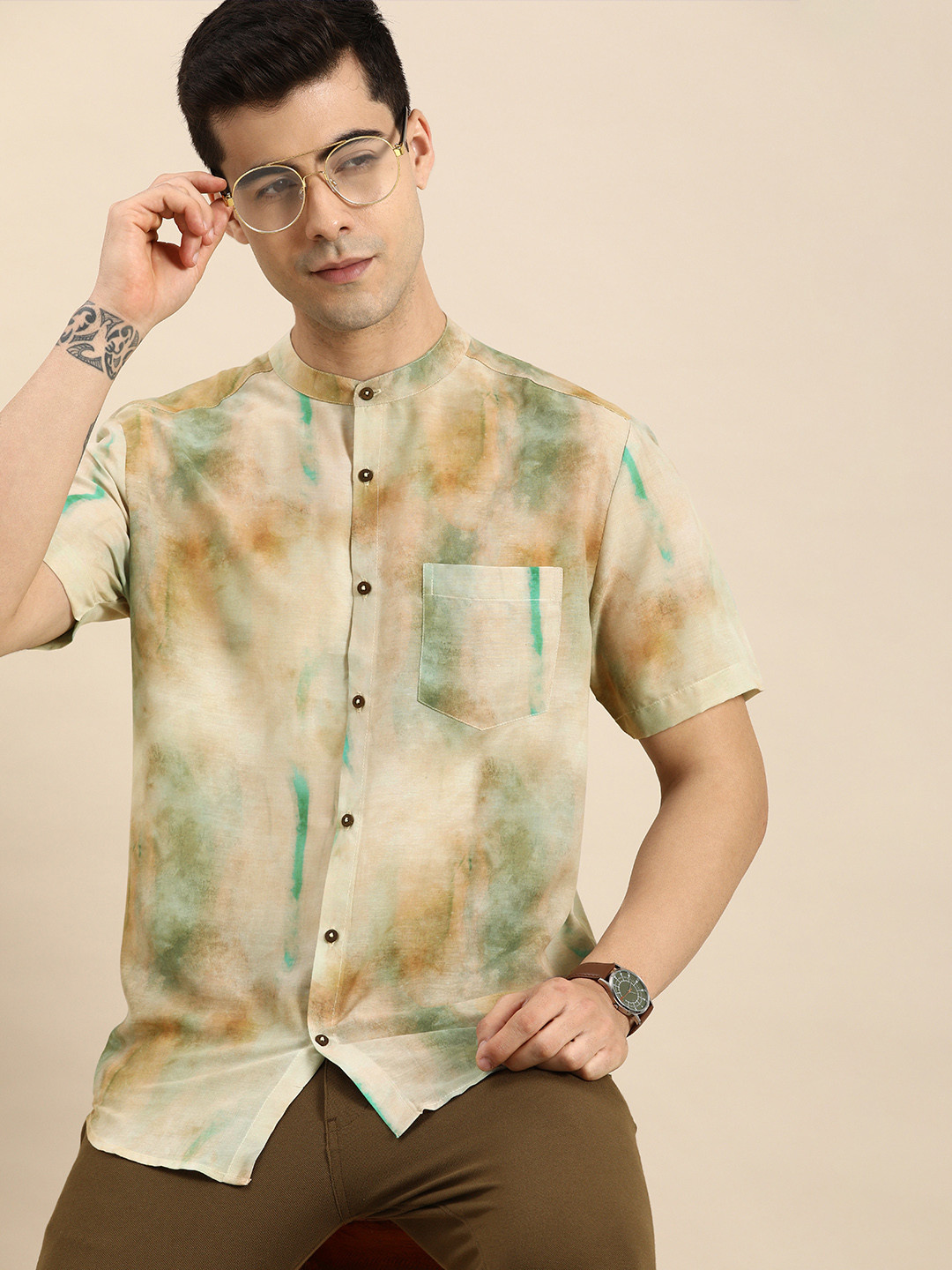 Anouk Men Beige And Green Tie And Dye Printed Casual Shirt