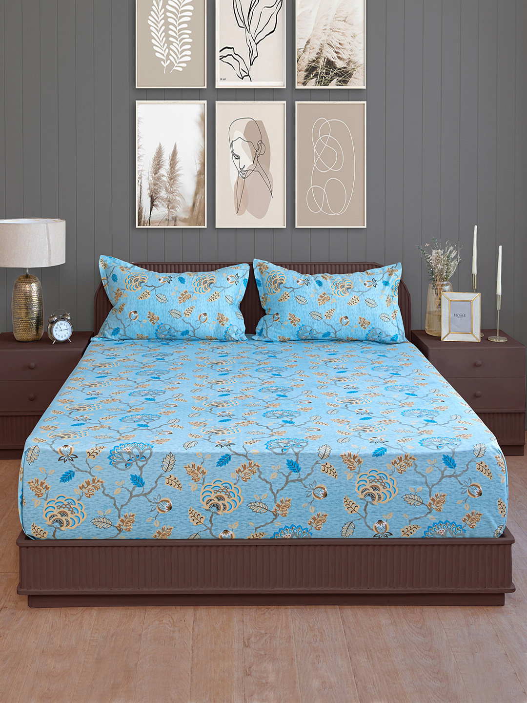 SWAYAM Ananda Blue Floral Pure Cotton 210 TC King Fine Bedsheet with 2 Pillow Covers-108 x 108 inches