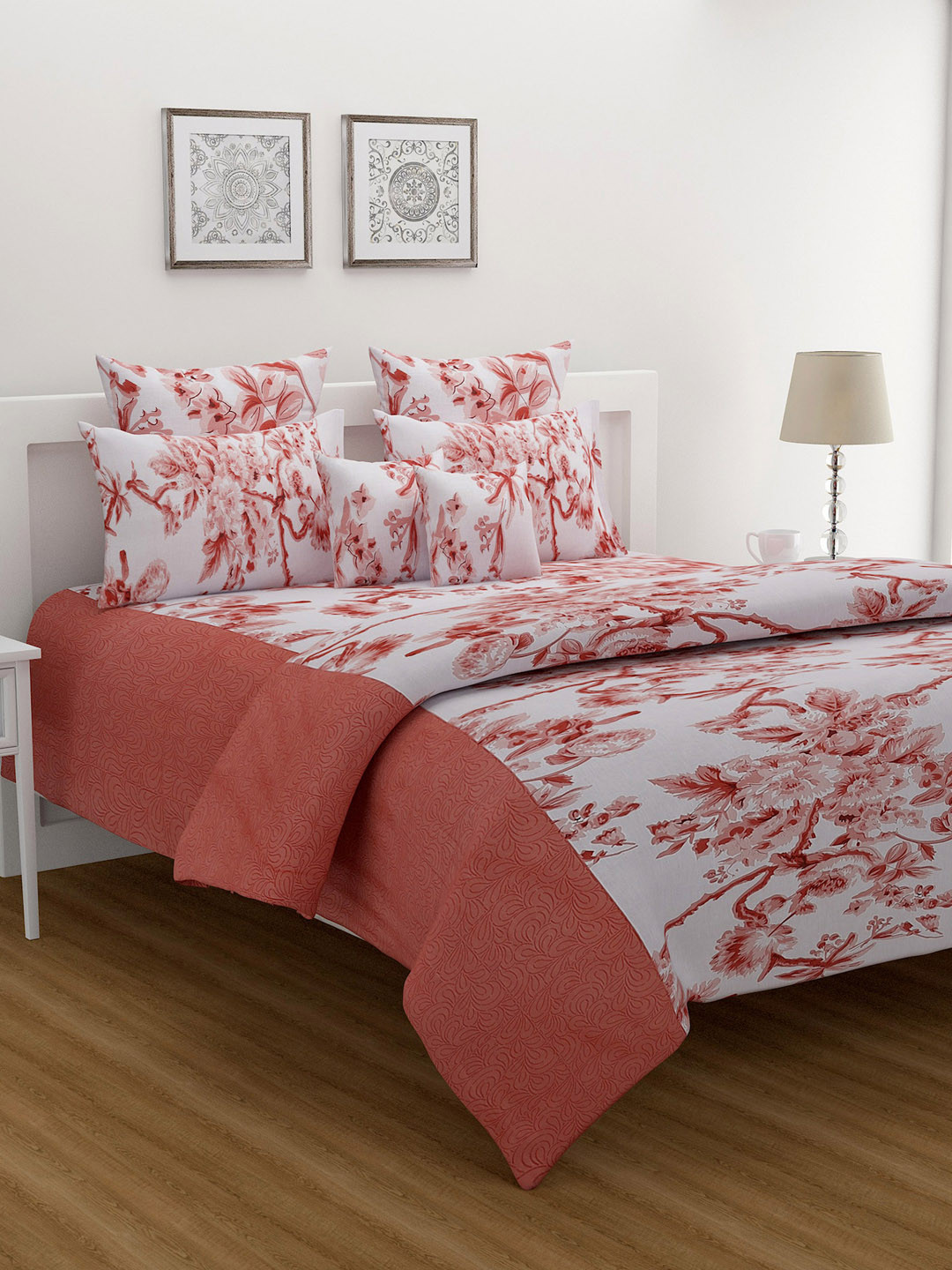 SWAYAM Rust Floral Pure Cotton 160 TC King Bedsheet with 2 Pillow Covers-72 x 78 inches