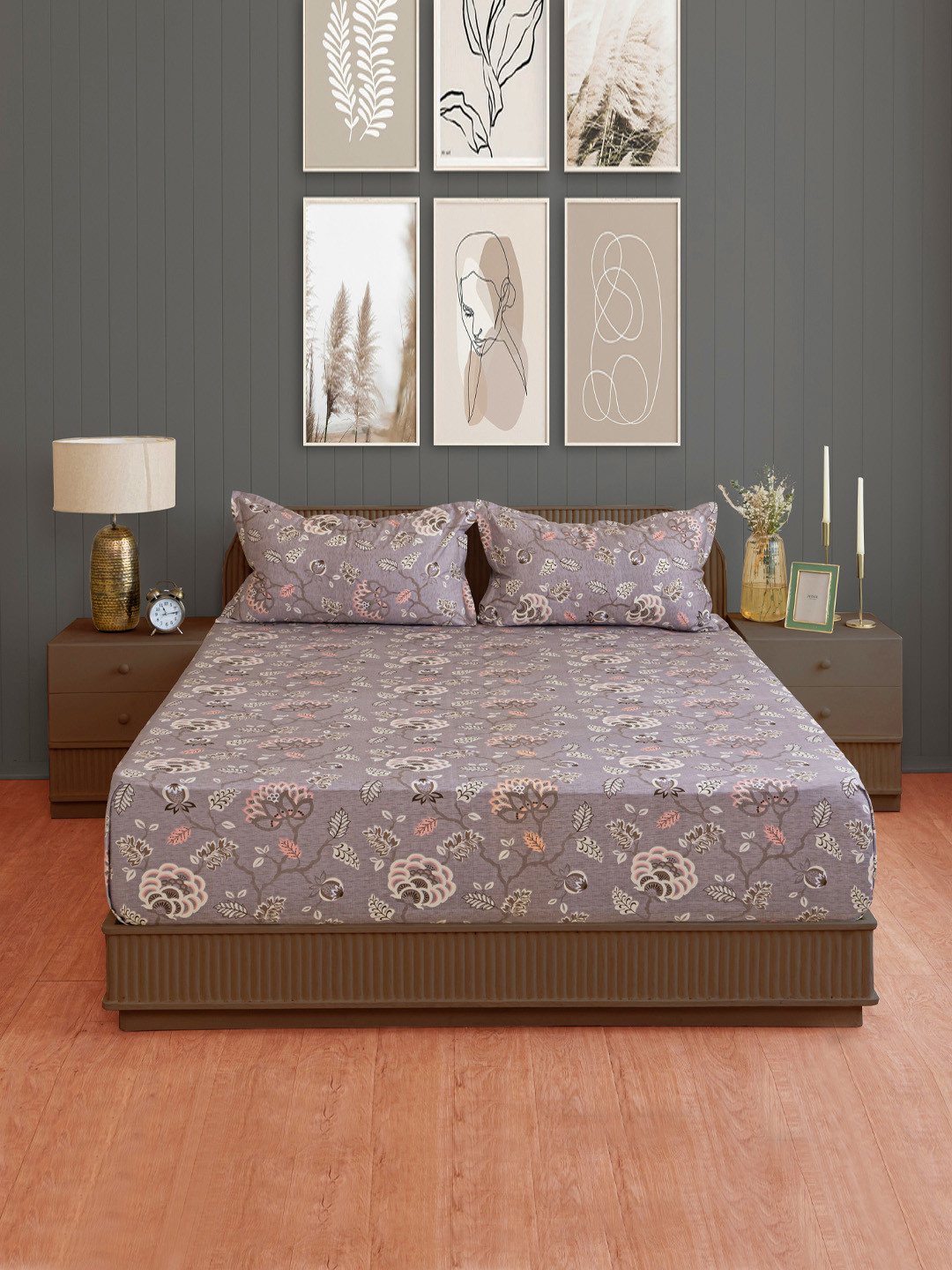 SWAYAM Ananda Brown Floral Pure Cotton 210 TC Fitted King Fine Bedsheet with 2 Pillow Covers-198 x 183 cm